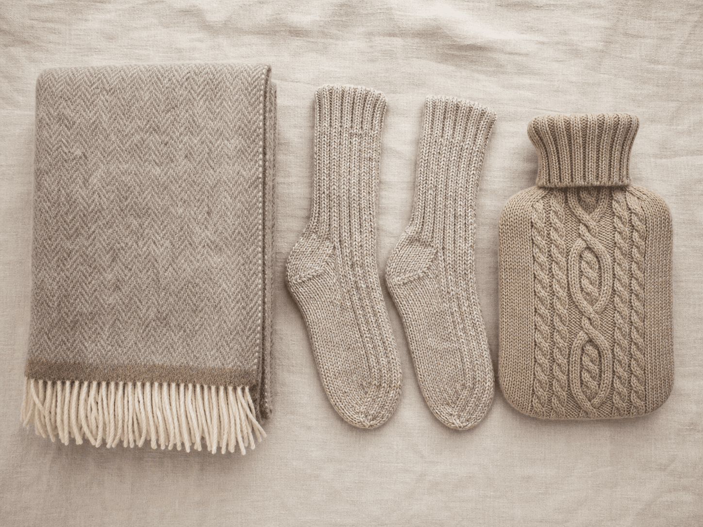Everything included in the Bedtime Warmth Kit, laid out