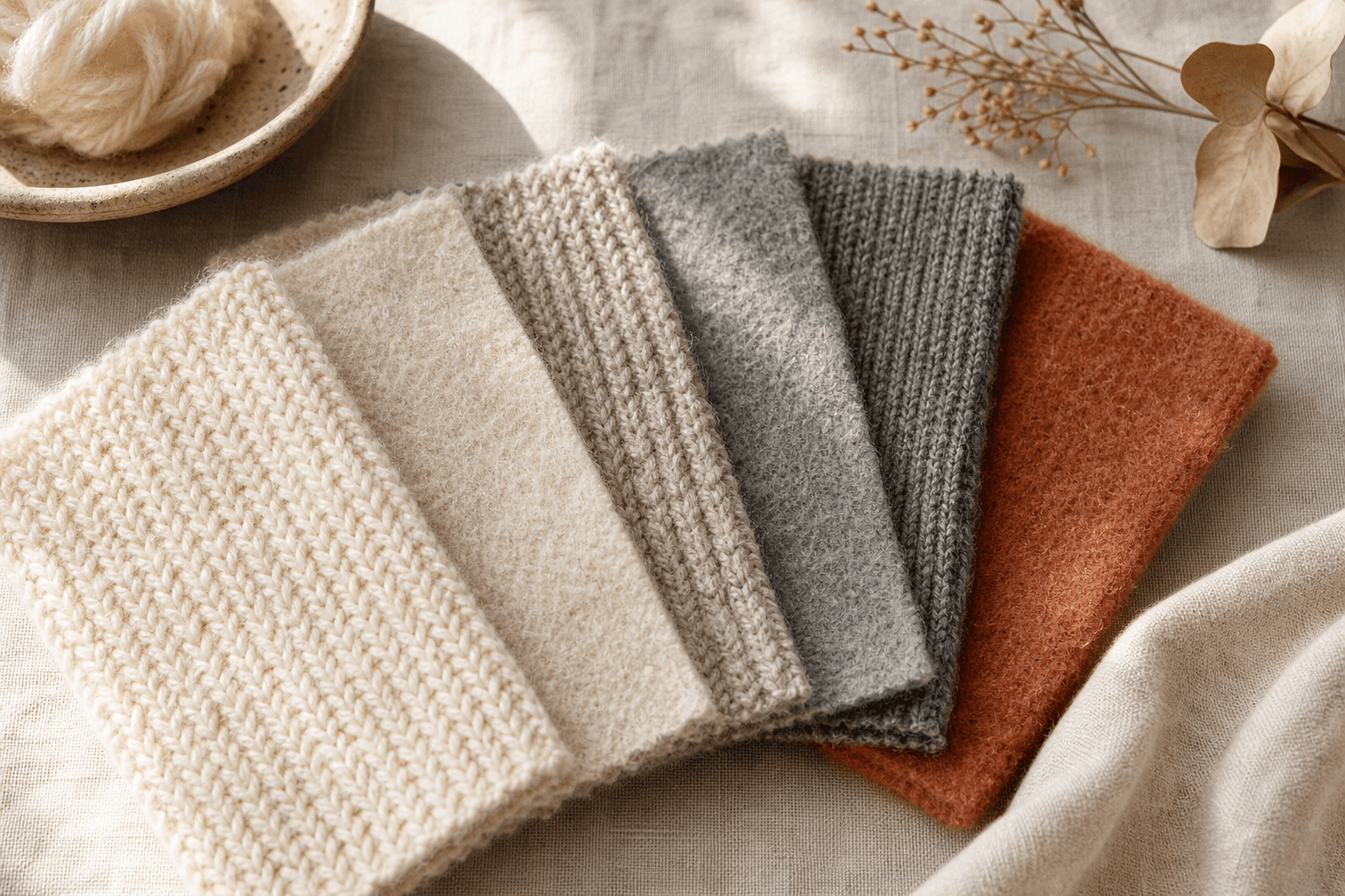 Wool swatches in cream, oatmeal and terracotta tones fanned across linen