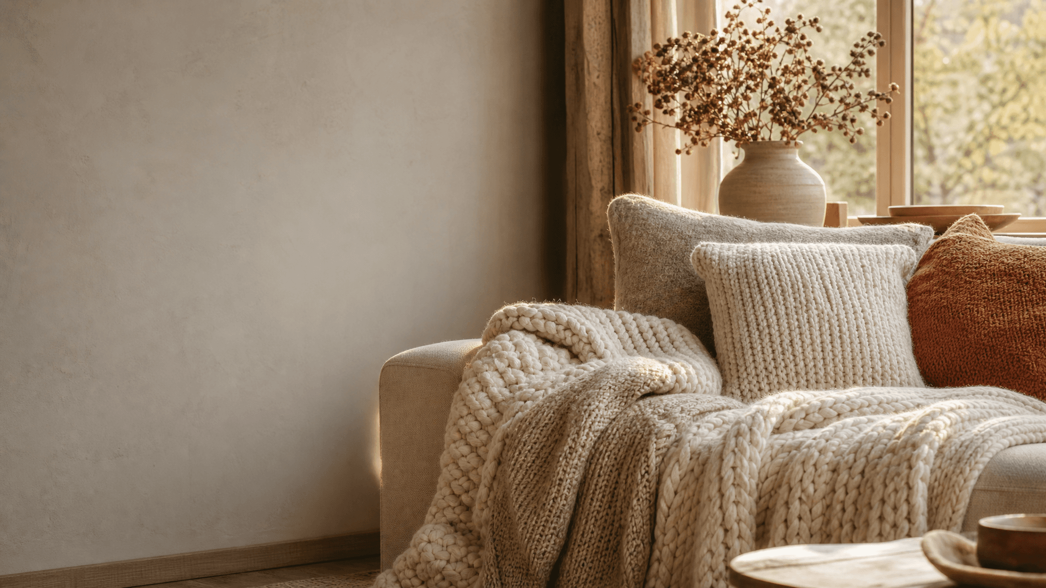 A sofa corner layered with chunky cream wool throws and cushions in warm afternoon light