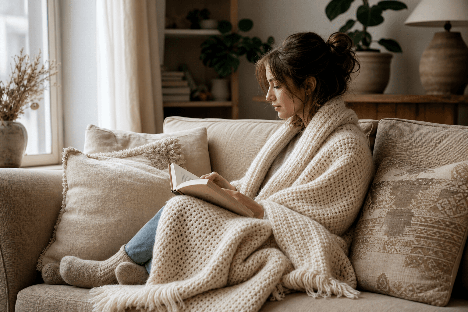 A person wrapped in a cream wool throw reading on a sofa in warm light