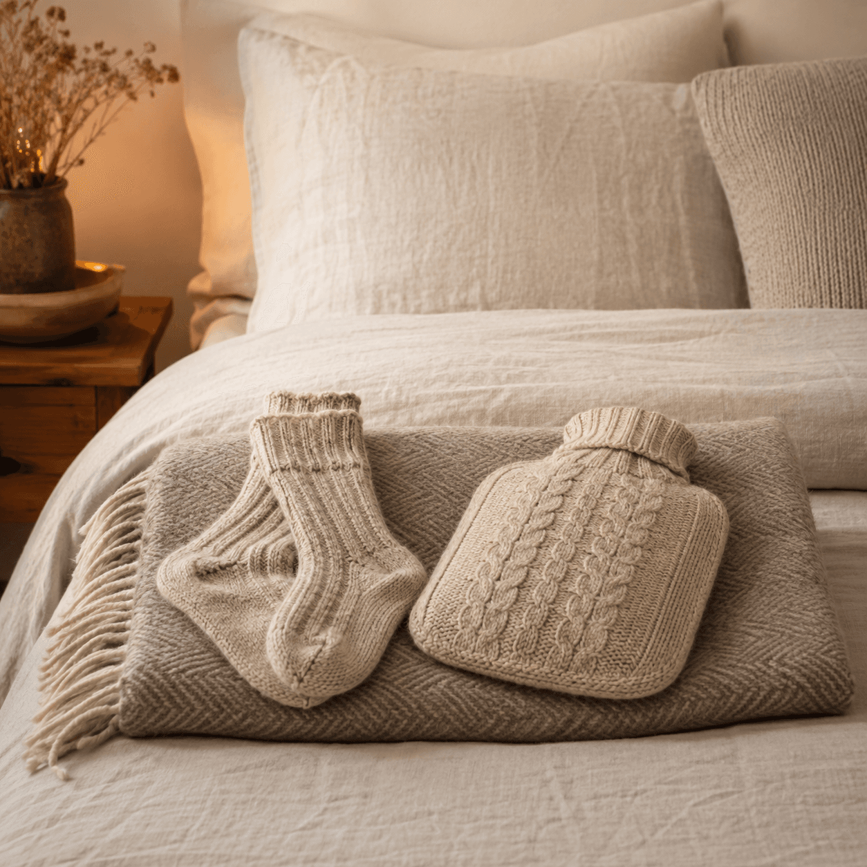 Bedtime Warmth Kit — A bed blanket, bed socks and a knitted hot water bottle to warm the last hour of the day, together.