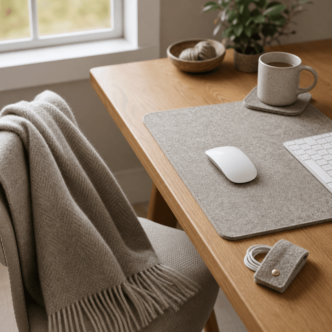 Desk Cosy Kit — A lap blanket, felt desk mats and a cable tidy to make the home office feel less like an office.