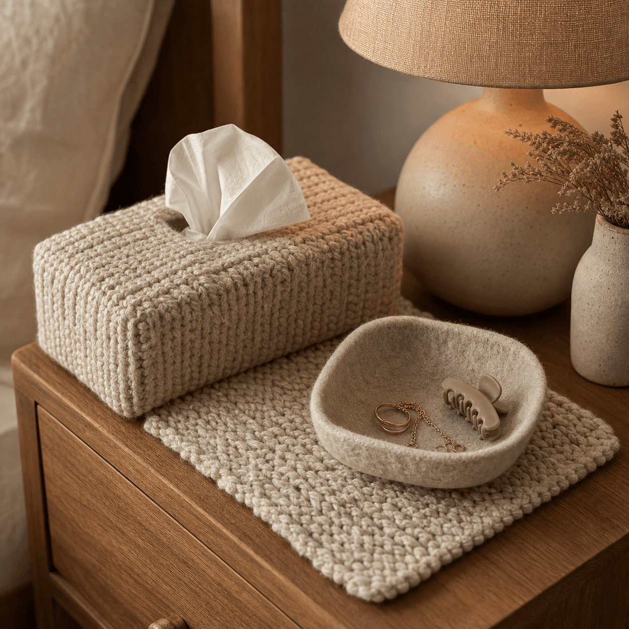 Nightstand Comfort Set — A tray mat, tissue-box cover and catch-all dish to make the bedside as soft as the bed.