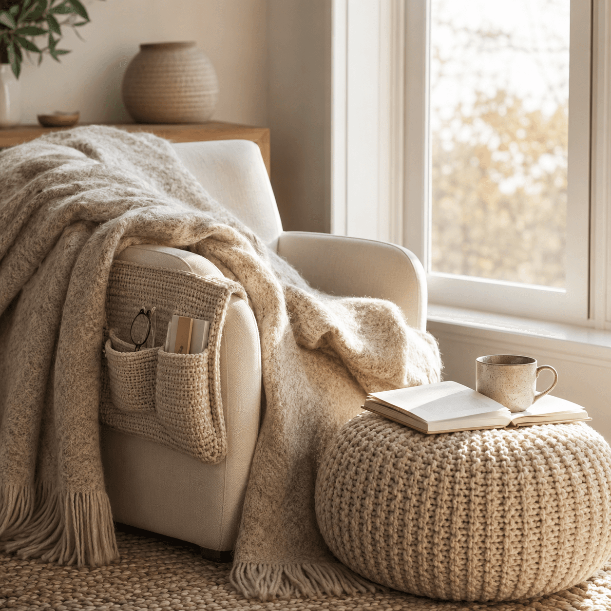 Reading Nook Kit — An oversized throw, a knitted floor pouffe and an armrest caddy for the corner you disappear into with a book.