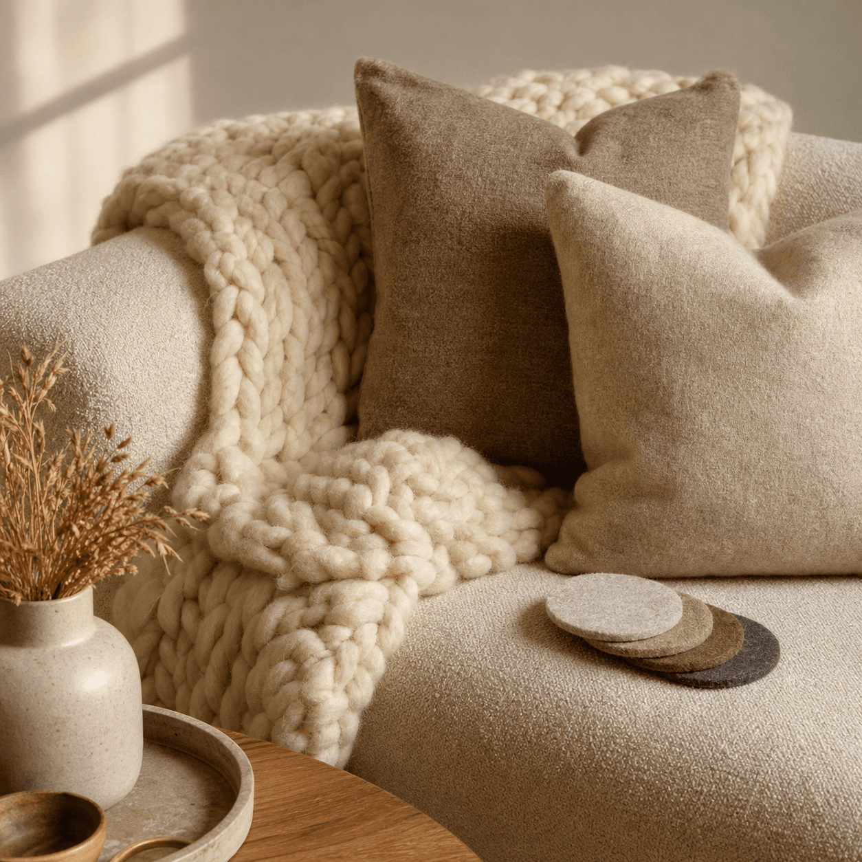 Snug Corner Kit — A chunky throw, two cushion covers and felt coasters to make one sofa corner the warmest seat in the house.